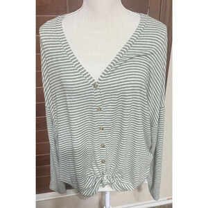 FOREVER 21 Tie front knit top womens L green striped button down long sleeve